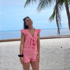 Ensemble Capri Giu vichy rouge top froufrous et short, plage tropicale fait main France