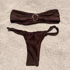 Flat lay ensemble bikini Havana Giu marron chocolat irisé fait main France