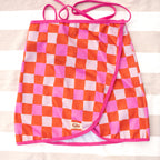 Jupe de plage éponge damier orange et rose fuchsia Giu, faite main France
