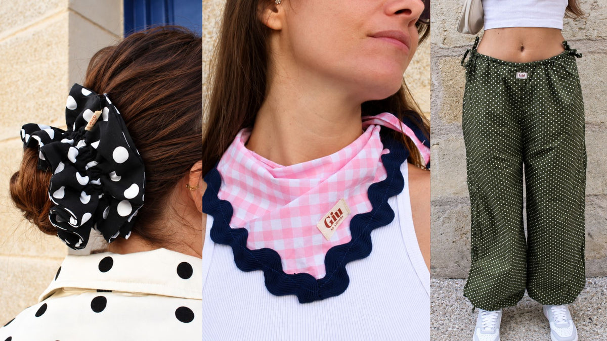 Nouveautés Giu : pantalon baggiu, bandanas, chouchous et accessoires d'été portés avec les nouvelles pièces de la collection