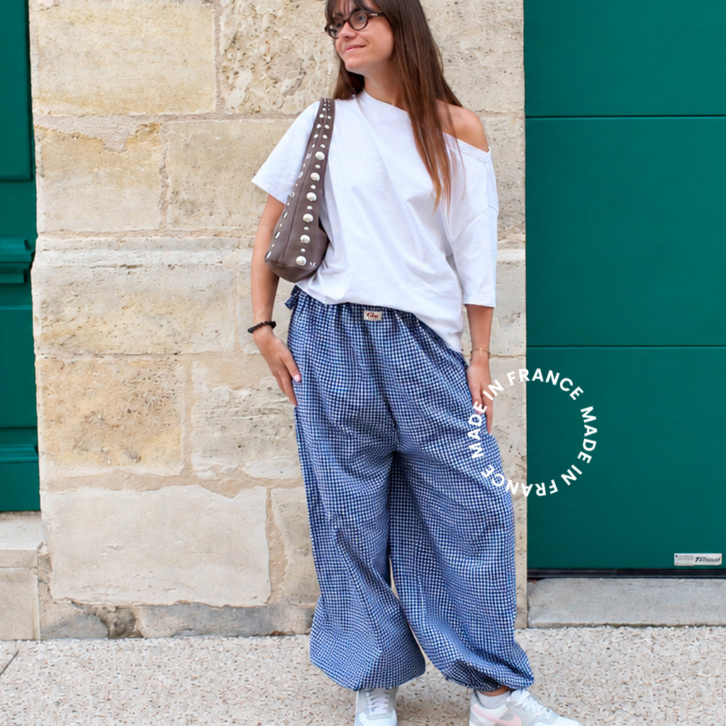 Pantalon ballon baggiu femme Vichy Bleu Giu fait main en France