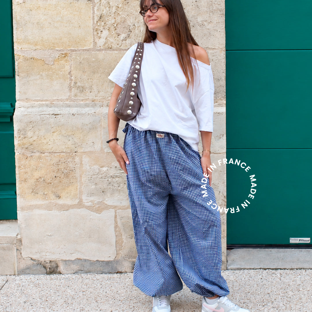 Pantalon ballon baggiu femme Vichy Bleu Giu fait main en France