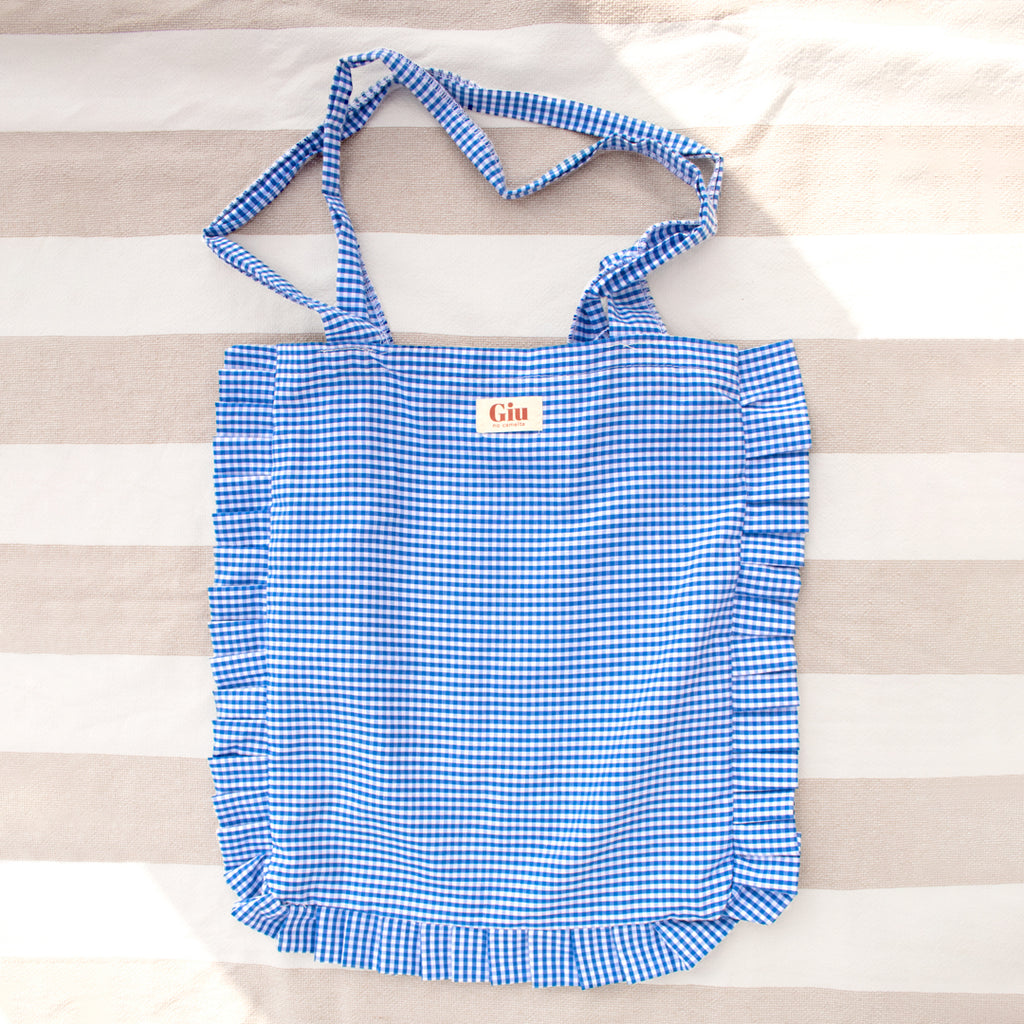Tote bag froufrou vichy bleu Giu, vue de face, fait main en France