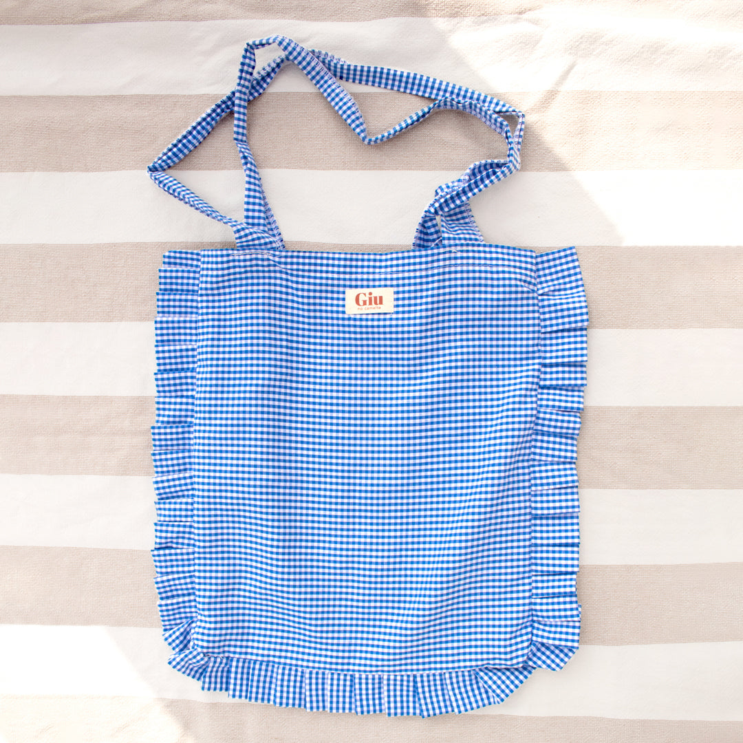 Tote bag froufrou vichy bleu Giu, vue de face, fait main en France